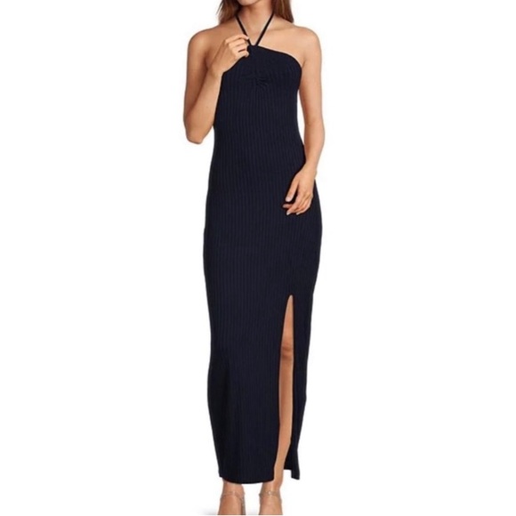 1. STATE Ruched Rib Knit Halter Maxi Dress, Navy Blue, Size Small, NWT - Picture 2 of 7